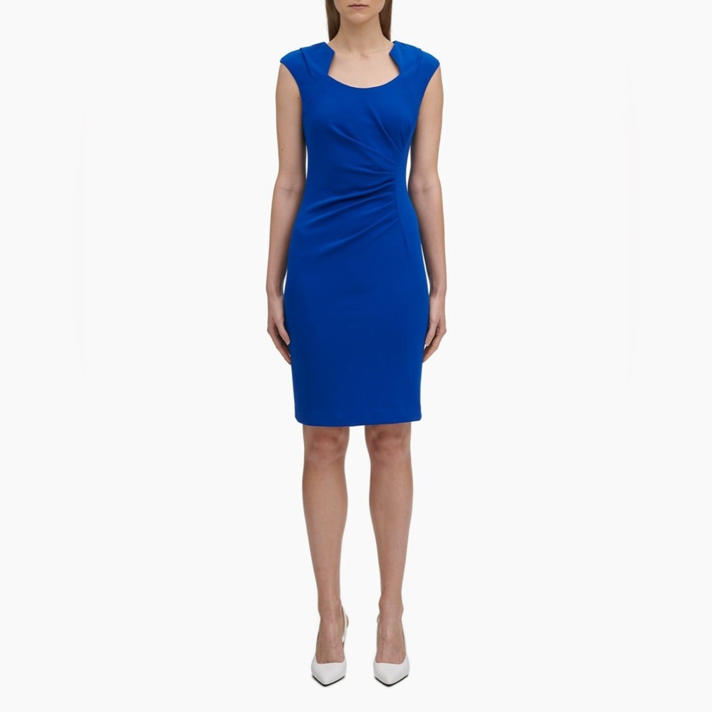 Calvin Klein Sheath Dress Cap Sleeve royal cobalt Blue Ruched horseshoe neck 4